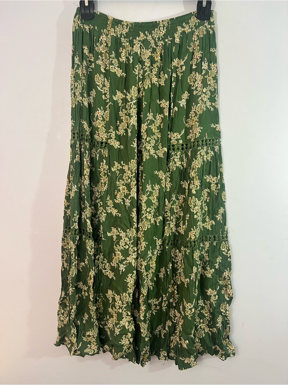 Angie Large Green Floral Wide Leg Palazzo Pants Crochet Boho Elastic Waist
